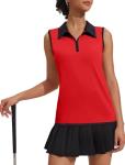 COOrun Sleeveless Golf Shirts for Women UV Protection Tennis Tops with Collar Zipper Pickleball Tank Top Lightweight Athletic T Shirt, Red X-Large