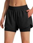 Ksmien Women's 2 in 1 Running Shorts Quick Dry Athletic Gym Workout Shorts with Liner Phone Pockets Black