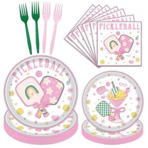 musaeva Pickleball Birthday Party Decorations Tableware, 96PCS Pickle Ball Disposable Pink Paper Plates and Napkins Decoration, Ball Theme Forks Decor Supplies Serve for 24 Guest