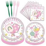 musaeva Pickleball Birthday Party Decorations Tableware, 96PCS Pickle Ball Disposable Pink Paper Plates and Napkins Decoration, Ball Theme Forks Decor Supplies Serve for 24 Guest