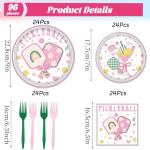 musaeva Pickleball Birthday Party Decorations Tableware, 96PCS Pickle Ball Disposable Pink Paper Plates and Napkins Decoration, Ball Theme Forks Decor Supplies Serve for 24 Guest