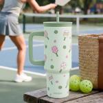 SANDJEST Pickleball Stainless Steel Locking Lid Silicone Straw Tumbler with Handle 40oz, Insulated Stainless Steel Travel Cup for Women Girls Friends Players, Gift Idea for Birthday Christmas