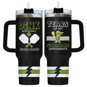 34HD Pickleball Tumbler 40oz with Handle Lid and Straw, Funny Tears of My Pickleball Opponents Sports Gift, Dink Responsibly Pickle Baller Design, Birthday Insulated Stainless Steel Cup for Him Her