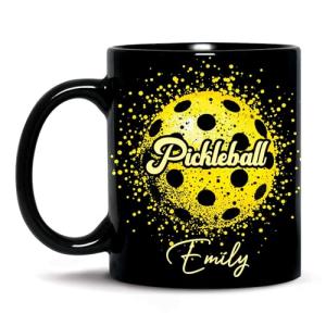 Unique Pickleball Ceramic Cup, Custom Name Sport Coffee Mug 11oz 15oz, Personalized Pickleball Lover Black Cup, Sportball Design Mug, Gifts for Friends