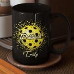 Unique Pickleball Ceramic Cup, Custom Name Sport Coffee Mug 11oz 15oz, Personalized Pickleball Lover Black Cup, Sportball Design Mug, Gifts for Friends