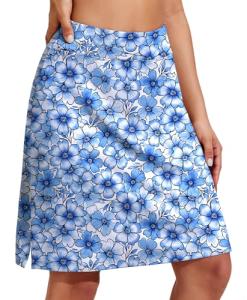 COOrun Skorts for Women 20" Knee Length Golf Skirts High Waisted Athletic Tennis Skirts Pickleball Skorts Two-Layer Modest Casual Skirts,Blue Floral XL