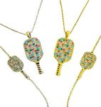 Pickleball Jewelry Gemstone Pendant Necklace Bracelet Set Paddle Racquet Racket Gift Silver 14K Gold Women (Gold Necklace and Bracelet Set, Multicolor Stones)