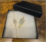 Pickleball Jewelry Gemstone Pendant Necklace Bracelet Set Paddle Racquet Racket Gift Silver 14K Gold Women (Gold Necklace and Bracelet Set, Multicolor Stones)