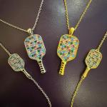 Pickleball Jewelry Gemstone Pendant Necklace Bracelet Set Paddle Racquet Racket Gift Silver 14K Gold Women (Gold Necklace and Bracelet Set, Multicolor Stones)