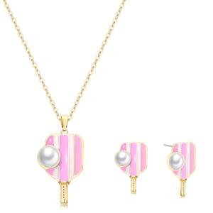 HEIDKRUEGER Pickleball Necklace and Stud Earrings Sports Ball Jewelry Set - Paddle Pendant for Women, Game Day Accessories, Sport Fans Gift (Pink)
