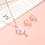 HEIDKRUEGER Pickleball Necklace and Stud Earrings Sports Ball Jewelry Set - Paddle Pendant for Women, Game Day Accessories, Sport Fans Gift (Pink)