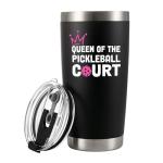 Panvola Queen of the Pickleball Court Pickleball Gifts for Women Wife Mom Grandma Aunt Girlfriend Vacuum Insulated Tumbler with Lid and Straw 20 oz Black