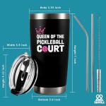 Panvola Queen of the Pickleball Court Pickleball Gifts for Women Wife Mom Grandma Aunt Girlfriend Vacuum Insulated Tumbler with Lid and Straw 20 oz Black