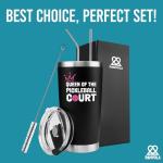 Panvola Queen of the Pickleball Court Pickleball Gifts for Women Wife Mom Grandma Aunt Girlfriend Vacuum Insulated Tumbler with Lid and Straw 20 oz Black