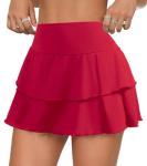 DLOODA Tennis Skirt for Women, Double Ruffle Golf Skirt High Waisted Flowy Athletic Skort with Pockets Workout Pickleball Y2K Red