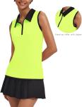 COOrun Sleeveless Golf Shirts for Women UV Protection Tennis Tops with Collar Zipper Pickleball Tank Top Lightweight Athletic T Shirt, Lime Green Large