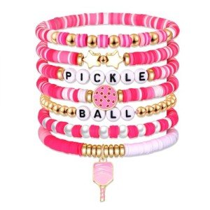 Pickleball Bracelets for Women Clay Heishi Bracelets Pickleball Paddle Charm Bracelet Stackable Pink Beaded Stretch Bracelets Game Day Sport Pickleball Jewelry Accessories Party Gifts (Style D)