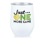 COOZEO Pickleball Gifts for Women - Just One More Game - 12 oz Stainless Steel Insulated Wine Tumbler with Lid - Funny Pickleball Player Gift, Coach Teammate Retirement Gift - Pickleball Cup - (White)