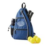 Personalized Pickleball Sling Bag Custom Paddle Backpack with Name or Logo Lightweight Durable Sports Gear Bag for Men Women Adjustable Strap Water Bottle Pocket Fence Hook Storage (Blue)