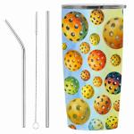 CALMSNUGS Pickleball Tumbler 20oz Vacuum Insulated with Straw, 18/8 Stainless Steel Travel Cup, BPA-Free Sliding Lid, Watercolor Ball Pattern, Car Cup Holder Fit, Gift for Players Women Men