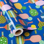 LaRibbons Pickleball Wrapping Paper Mini Roll, Colorful Paddle & Ball Pattern with Solid Blue Background Sports Gift Wrap for Pickleball Lovers, Coach Gift, Birthday, Party, 17" x 33'(46.7 sq. ft)