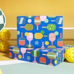 LaRibbons Pickleball Wrapping Paper Mini Roll, Colorful Paddle & Ball Pattern with Solid Blue Background Sports Gift Wrap for Pickleball Lovers, Coach Gift, Birthday, Party, 17" x 33'(46.7 sq. ft)