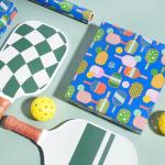LaRibbons Pickleball Wrapping Paper Mini Roll, Colorful Paddle & Ball Pattern with Solid Blue Background Sports Gift Wrap for Pickleball Lovers, Coach Gift, Birthday, Party, 17" x 33'(46.7 sq. ft)