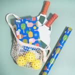 LaRibbons Pickleball Wrapping Paper Mini Roll, Colorful Paddle & Ball Pattern with Solid Blue Background Sports Gift Wrap for Pickleball Lovers, Coach Gift, Birthday, Party, 17" x 33'(46.7 sq. ft)