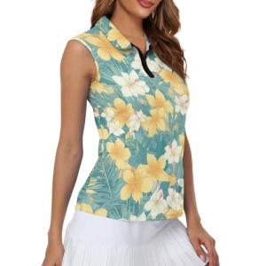 Irisjudy Watercolor Plumeria Womens Golf Shirt Yellow White Hibiscus Polo Sleeveless Quick Dry Tennis Tops Palm Leaves Tropical Plant Lightweight 1/4 Zip Up Pickleball Polo Tank Tops