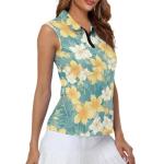 Irisjudy Watercolor Plumeria Womens Golf Shirt Yellow White Hibiscus Polo Sleeveless Quick Dry Tennis Tops Palm Leaves Tropical Plant Lightweight 1/4 Zip Up Pickleball Polo Tank Tops