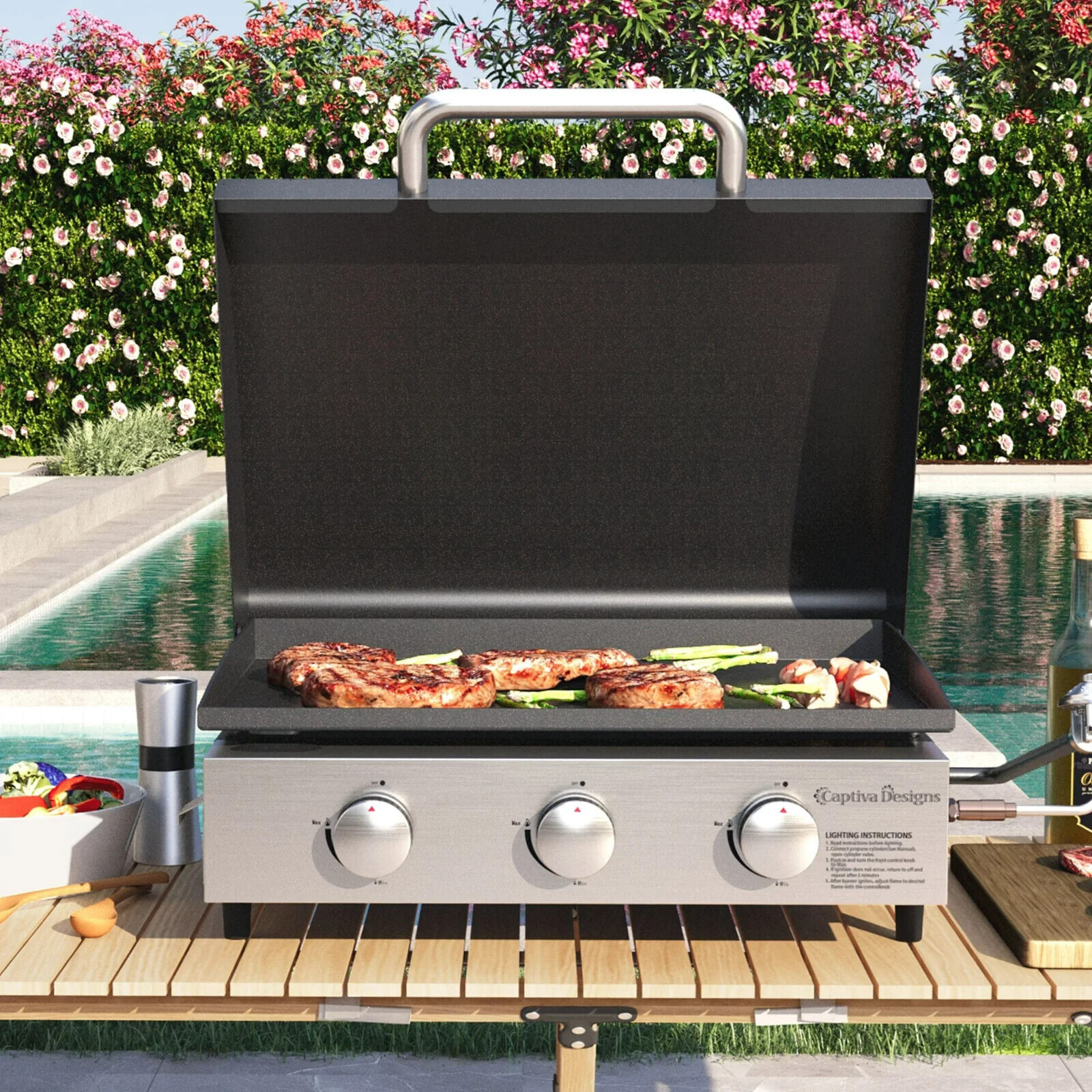 Portable 3-Burner Flat Top Gas Grill