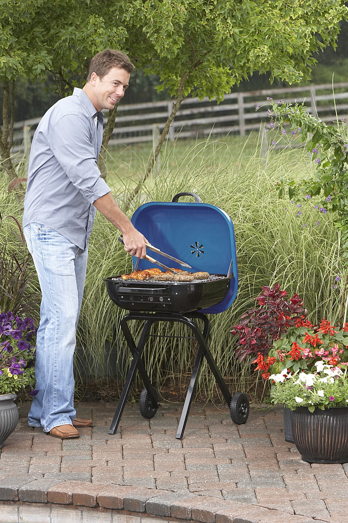 Portable Blue Charcoal Grill - Americana Walk-A-Bout BBQ