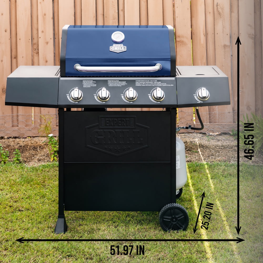 Blue Propane Gas Grill with 4 Burners and Side Burner