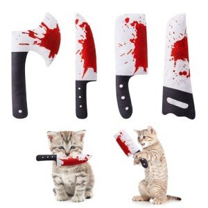 Potaroma 4Pcs Halloween Cat Toys Catnip Crinkly Sound Toy, Horror Knife-Shaped Kitten Bite Kicker Toys, Indoor Exercise 7.5 Inches for All Breeds