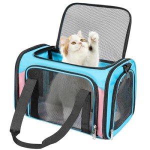 Discala Cat Dog Carrier Up to 15 Lbs TSA Airline Approved Pet Carrier for Small Medium Cats Puppies Dog Carriers for Small Dogs Collapsible Soft Sided Cat Travel Carrier - Blue&Pink 17"x11"x11"