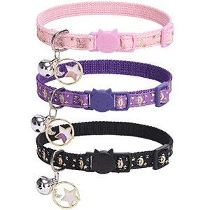 PUPTECK 3 Pack Cat Collar with Bells Breakaway - Luminous Safety Small Kitten Collar Adjustable Moon Star Pink Black Purple, 8-12 in
