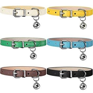 Weewooday 6 Pieces Leather Cat Collar with Bell Leather Kitten Collar Cat Collar for Boy Cats, Girl Cats with Safety Elastic Strap Cute Pet Collars for Small Cat Kitten Puppy(Fresh Color)