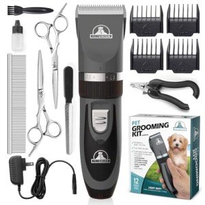 Pet Union Professional Dog Grooming Kit - Cordless Low Noise Dog Clippers for Grooming Thick Coats - All Pet Safe Cat Hair Trimmer - Pet Grooming Kit Includes Dog Hair Clippers, Nail Trimmer & Shears