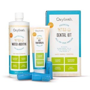Oxyfresh Premium Pet Dental Kit for Dogs & Cats – Easy Solution for Pet Fresh Breath, Clean Teeth, Control Plaque & Tartar – Vet Formulated Pet Toothpaste 4oz + Water Additive 16oz Kit