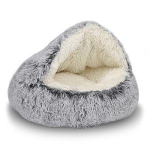 ShinHye Cat Bed Round Plush Fluffy Hooded Cat Bed Cave, Cozy for Indoor Cats or Small Dog beds, Soothing Pet Beds Doughnut Calm Anti-nxiety Dog Bed - Waterproof Bottom Washable (20Ă—20inch, Grey)