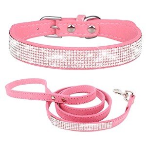 Rhinestone Dog Collar and Leash Set for Small Dogs, Fancy Bling Diamond Cat Collar Crystal Glitter Pretty Jewel Puppy Collars with Lead for XXS XS Small Medium Large Pet Dogs Kitten, Pink S