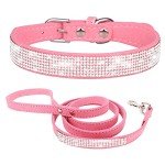 Rhinestone Dog Collar and Leash Set for Small Dogs, Fancy Bling Diamond Cat Collar Crystal Glitter Pretty Jewel Puppy Collars with Lead for XXS XS Small Medium Large Pet Dogs Kitten, Pink S