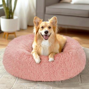 Veehoo Calming Dog Bed for Large Medium Dogs, Anti Anxiety Donut Large Pet Bed, Round Fluffy Cuddler Washable Dog Bed, Indoor Dog Bed with Slip-Resistant Bottom Fits up to 45 lbs Pets, 30", Pink