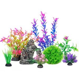 Ameliade Aquarium Decorations Fish Tank Artificial Plastic Plants & Cave Rock Decor Set, Goldfish Betta Fish Tank Accessories Small Large Fish Bowl Decorations