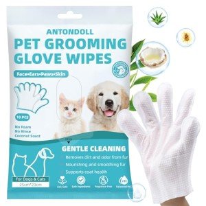 ANTONDOLL Pet Cleaning Glove Wipes for Dogs & Cats, Cleaning & Deodorizing Grooming Bathing Gloves, Nourish Cat Dog Fur Glove Wipes for Dry Cleaning, Daily Care and Travel No-Rinse 10PCS