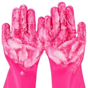Pecute Pet Grooming Gloves - Heat Resistant Silicone Gloves with High-Density Teeth and Enhanced Five Finger Design for Bathing and Massaging Dogs and Cats (Pink)