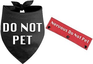 KISJO 2 Pieces Do Not Pet Black Dog Scarf Bandana with Red Dog Leash Wrap (Nervous Do Not Pet), Pet Birthday Gift Set and Dog Walking Accessories for Puppy Dog and Dog Lovers Owner