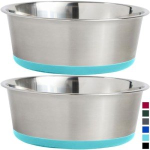 Gorilla Grip Stainless Steel Metal Dog Bowl Set of 2, Rubber Base, Heavy Duty Feeding Dishes, Food Grade BPA Free, Less Sliding, Quiet Pet Bowls for Cats and Dogs, Holds 2 Cups (16 fl oz), Turquoise