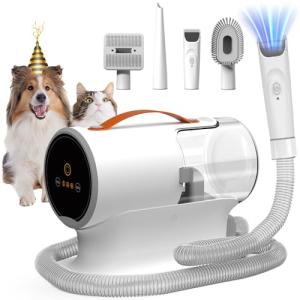 FIXR Dog Vacuum for Shedding Grooming, 12000pa Suction Dog Hair Vacuum, Pet Vacuum Grooming Kit with 2l Dust Cup, Low Noise, 3 Levels, 5 Grooming Tools