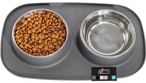 Gorilla Grip 100% Waterproof BPA Free Cat and Dog Bowls Silicone Feeding Mat Set, Stainless Steel Bowl Slip Resistant Raised Edges, Catch Water, Food Mess, No Spills, Pet Accessories, 1 Cup, Gray